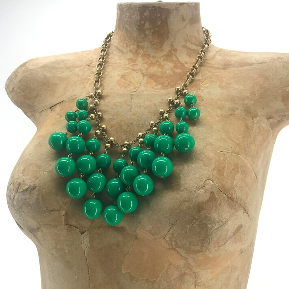Stella & Dot Beaded Bib Statement Necklace Green Gold Princess Length Chain Link - Picture 5 of 12